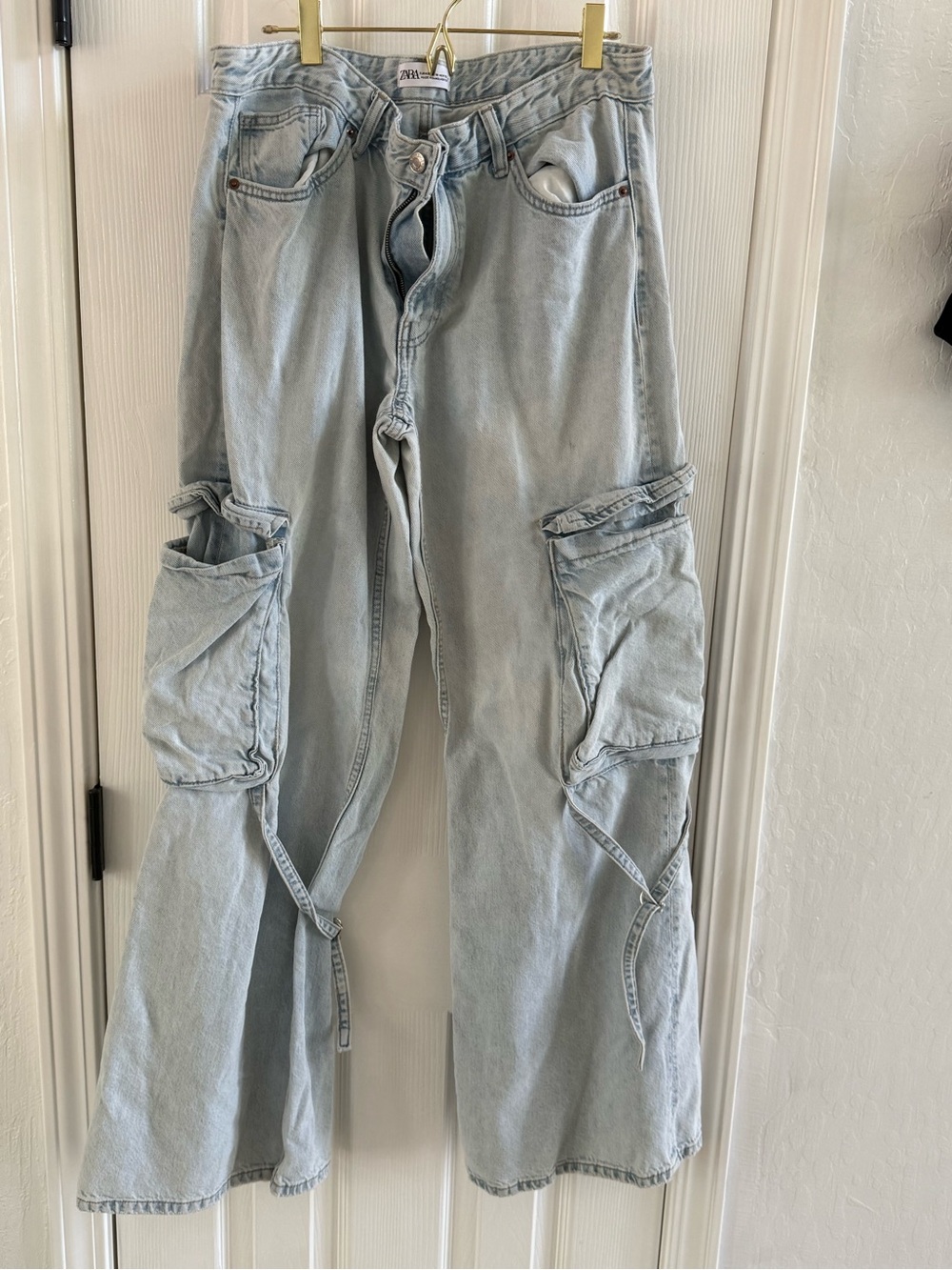 Zara Light Wash Cargo Flare Jeans